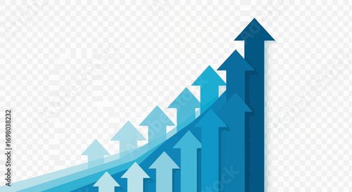 A dynamic graphic of ascending blue arrows on a transparent background, representing business growth, financial success, and upward progress