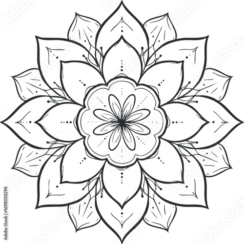 A detailed black and white mandala flower design featuring intricate petals and leaves. Black on transparent background.