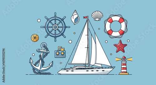Creative concept of a summer sea voyage with a sailboat and a set of flat line design nautical icons for vacation and adventure