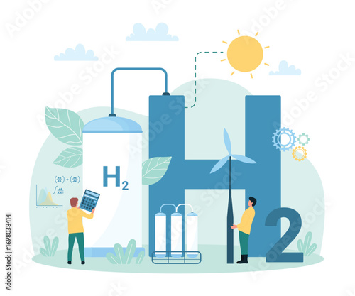 Green hydrogen production in H2 fuel plant, infographic vector illustration. Cartoon tiny people use renewable energy sources, wind turbine and chemical hydrogen station to produce electricity