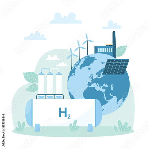 Green hydrogen production and storage, renewable energy technology for zero emissions vector illustration. Cartoon power plant, eco solar panel and windmill to produce electricity for planet Earth
