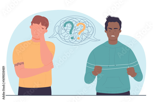 Misunderstanding between two people vector illustration. Cartoon angry mad man speaking arguments in dispute, quarrel of male characters and speech bubbles with tangled thread and question marks