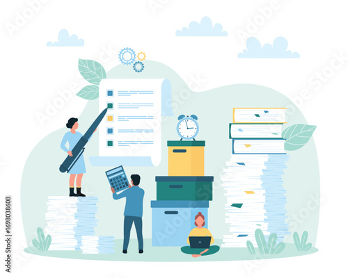Office bureaucracy, checklist administration vector illustration. Cartoon tiny people work among stacks of paperwork, reports and bills, employee holding pen to mark option on information list