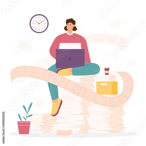 Bureaucracy, lot of paperwork vector illustration. Cartoon employee sitting with laptop on stack of paper documents and box with bunch of pages to work with long endless business report sheet