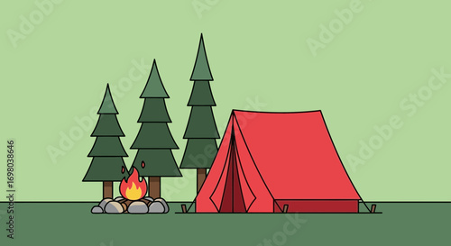 Camping adventure with a red tent and campfire in a natural green landscape