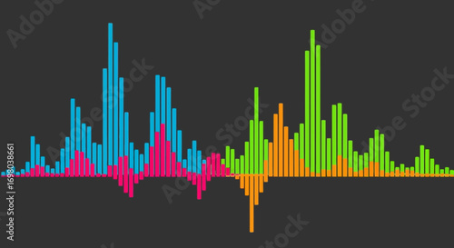 Abstract sound wave visualization with vibrant multicolored bars representing audio frequency and amplitude on a dark background