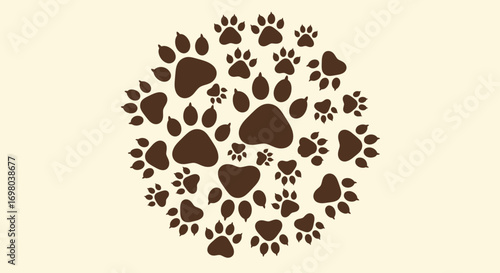 Creative circular composition of brown animal footprints, an icon for pet lovers, grooming services, and animal welfare