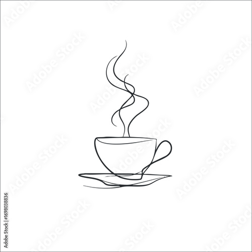 A minimalist line art illustration of a steaming cup of coffee or tea on a saucer. Black on transparent background.