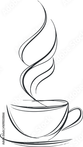 Minimalist line art illustration of a steaming coffee cup on a saucer. Black on transparent background.