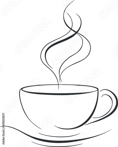 A minimalist illustration of a steaming cup representing warmth and comfort with elegant lines. Black on transparent background.
