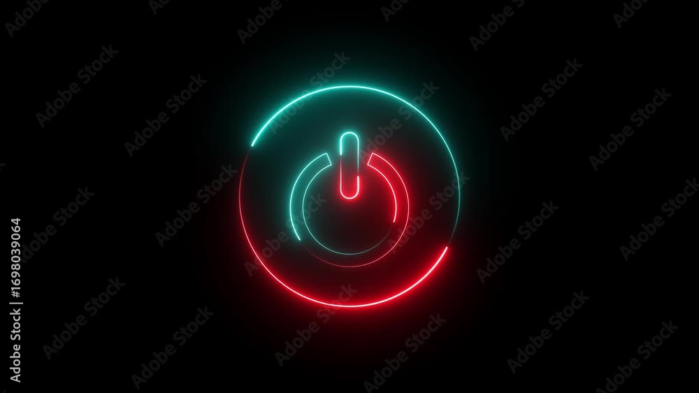 power button icon animation glowing neon red and cyan color startup shutdown screen turn on off button switch stop start computer closed button futuristic sign symbol on black background	