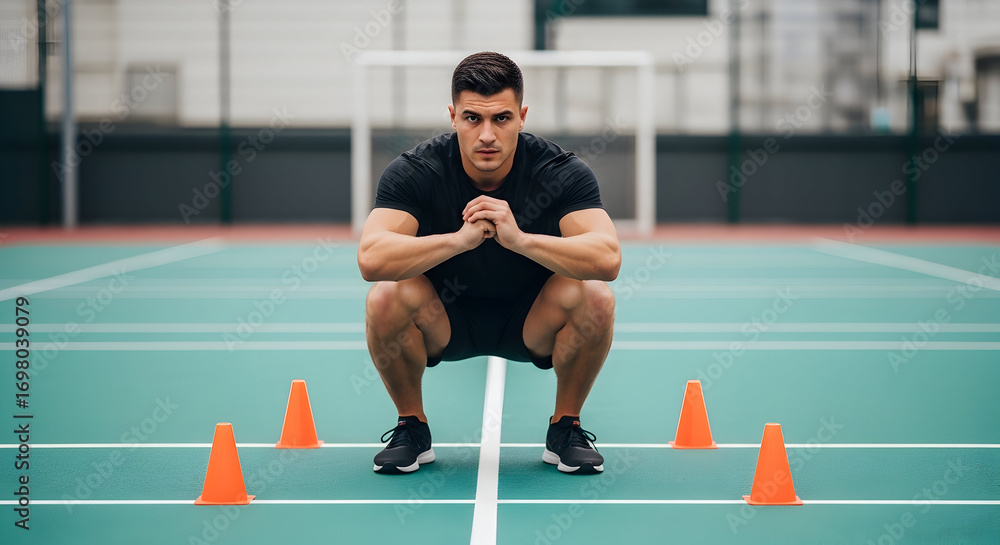 Obraz premium Focused Athlete Ready for Intense Workout Fitness Training Exercise Sport Motivation Strength Power Determination Goal Achievement Success Gym
