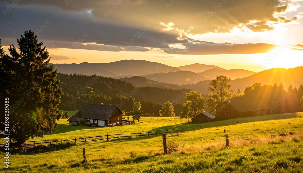 Obraz premium Scenic sunset over a valley with wooden houses