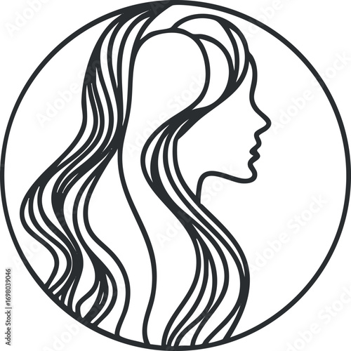 Stylized profile of a woman with flowing hair in a minimalist circular design. Black on transparent background.