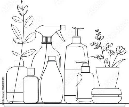 A minimalistic line art illustration of various household bottles and plants on a shelf. Black on transparent background.