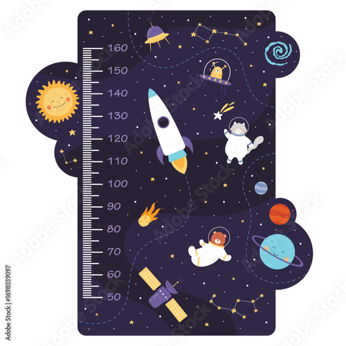Kids height chart with cute space animals vector illustration. Cartoon funny cat and bear in spacesuit flying among rocket and satellite, comet and planets of outer space, kindergarden wall ruler.
