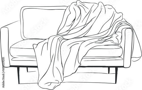 A cozy sofa with a draped blanket, perfect for a comfortable living room setting. Black on transparent background.