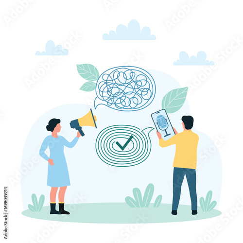 Bad communication, rational explanation of information vector illustration. Cartoon involved tiny people with megaphone and mobile phone communicate in speech bubbles, solve misunderstandings
