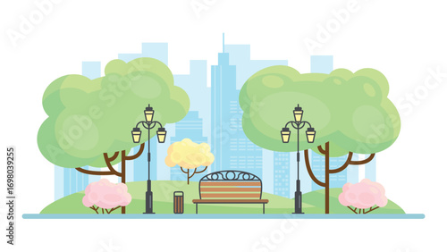 City park landscape in spring vector illustration. Cartoon sunny cityscape scene with downtown public garden for recreation, wood bench and streetlight under green trees, skyline with skyscrapers