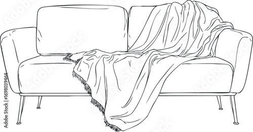 A minimalist line drawing of a cozy sofa with a draped blanket in a living room setting. Black on transparent background.