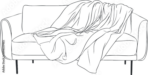 A minimalist sofa draped with a soft blanket, perfect for a cozy living room setting. Black on transparent background.