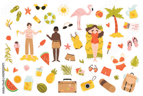 Summer holidays stickers set vector illustration. Cartoon isolated cute tropical travel beach collection with sunbathing characters, drink and exotic fruit, fashion sunglasses and swimsuit, starfish