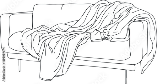 A minimalist line art illustration of a cozy sofa with a draped blanket. Black on transparent background.