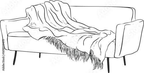 Stylish sofa with a cozy blanket draped over it, perfect for home interior design. Black on transparent background.