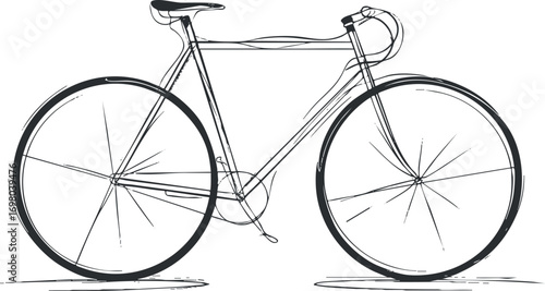 Minimalist sketch of a bicycle showcasing its sleek design and two wheels in line art. Black on transparent background.
