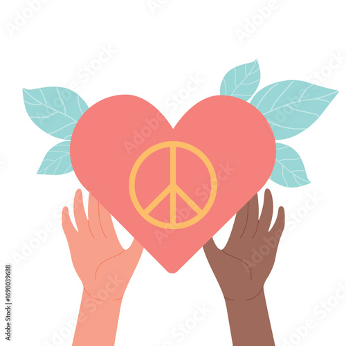 Hands holding heart with peace hippy symbol inside concept vector illustration