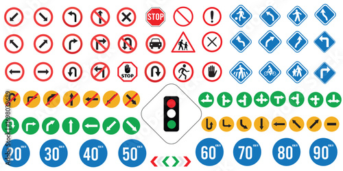 Set of road sign icons. Traffic signs.Priority, warning, prohibition, mandatory, information, Vector illustration 