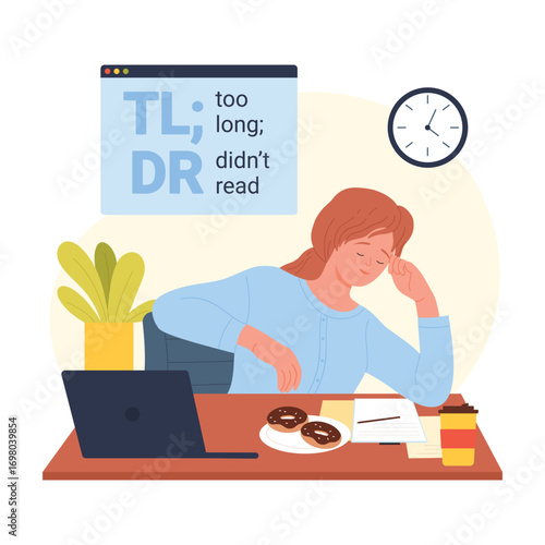 TLDR concept, too long didnt read, meme and message from lexicon of internet communication vector illustration. Cartoon lazy girl sitting at computer desk, ignore article text or news due to length
