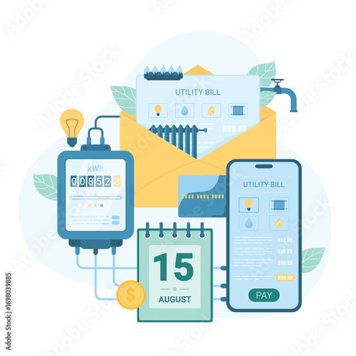 Payment of monthly utility bills vector illustration. Cartoon meter with readings, envelope with invoice for heating and water, gas and electricity, date of payment and mobile phone with app to pay
