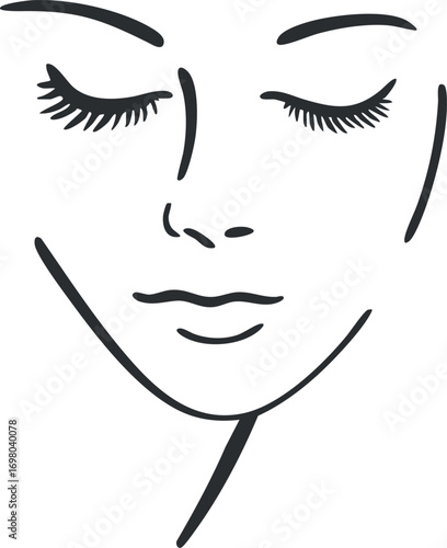 Minimalist illustration of a serene female face featuring closed eyes and elegant eyelashes. Black on transparent background.