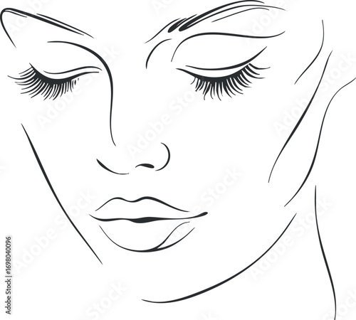 Minimalist line art illustration of a woman's face emphasizing beauty and elegance. Black on transparent background.
