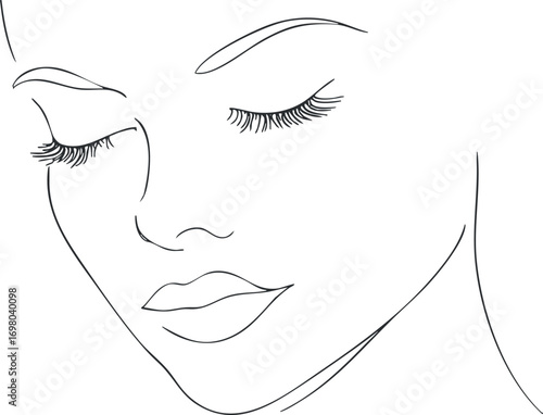 A minimalist line art illustration of a serene female face with elegant eyelashes. Black on transparent background.