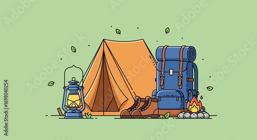 Scenic camping scene with essential gear including a tent, backpack, lantern, and campfire for outdoor recreation and travel