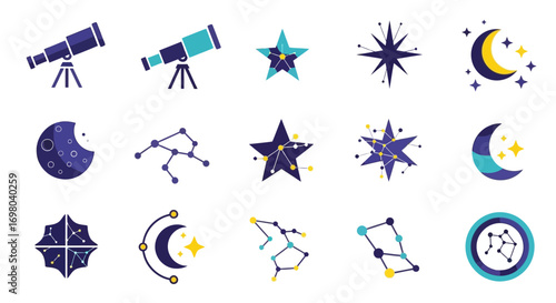 A diverse set of flat design icons for astronomy and stargazing, featuring telescopes, celestial stars, crescent moons, and constellations