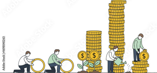Investment Growth: Metaphor for the steady growth of finances, depicting a person's investment in ascending piles of coins, each building towards long-term monetary success and financial security. 