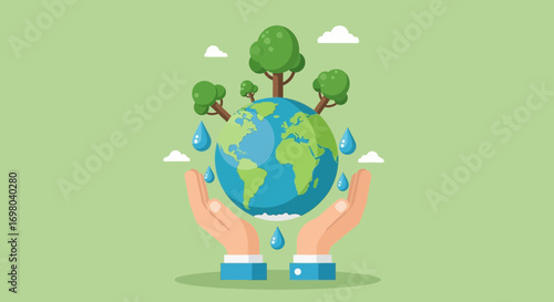 Hands cradling the Earth with water droplets and trees, symbolizing environmental protection and sustainability