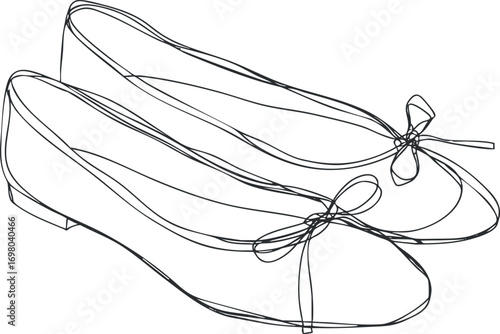 A minimalist line art illustration of stylish ballet flats with a bow detail. Black on transparent background.