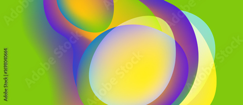 Abstract vibrant shapes overlap, creating colorful gradients. Bright yellows, purples, greens dominate composition. Smooth transitions define forms.