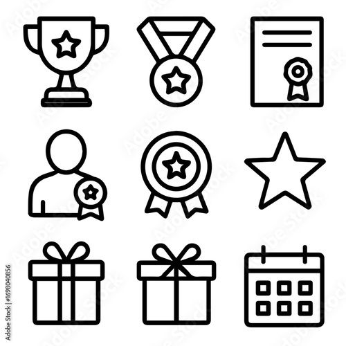 Achievement Icons Set Awards Trophies Gifts and Calendar.