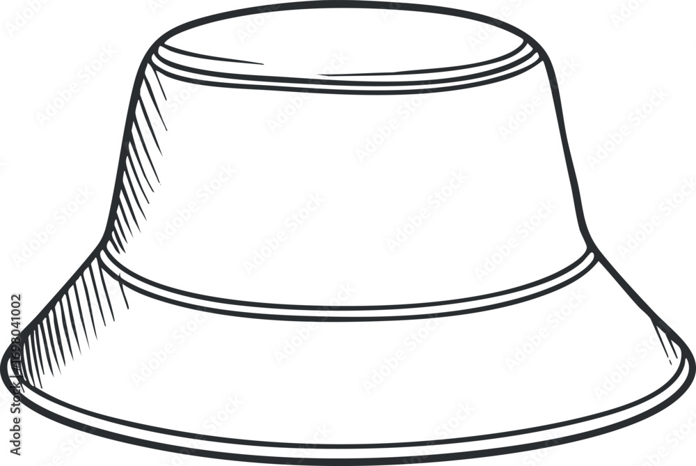 Fototapeta premium A simple line drawing of a bucket hat, ideal for summer and casual wear. Black on transparent background.