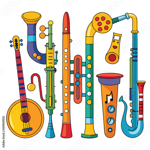Colorful illustration of various musical instruments.