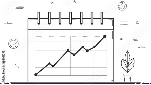 A minimalist illustration of a calendar with a rising graph symbolizing growth and progress. Black on transparent background.