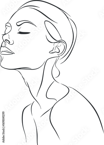A minimalist line art portrait of a woman showcasing elegance and beauty in a stylized form Black on transparent background.