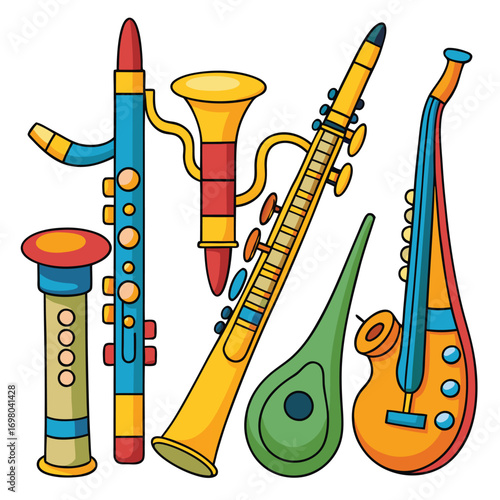 A vibrant collection of cartoon wind instruments, including clarinets, saxophones, and other brass and woodwind instruments, depicted in a playful and colorful style.