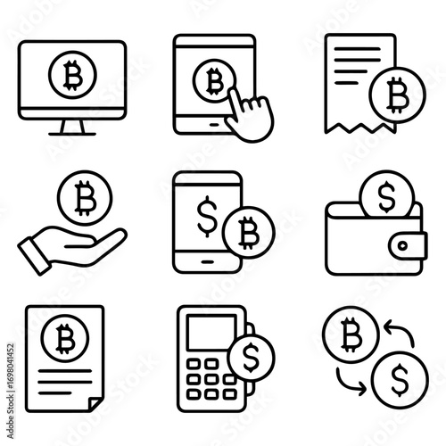Bitcoin and Dollar Icons Representing Digital Currency Transactions and Finance.