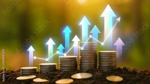 Stacks of golden coins in soil with glowing upward arrows and growth graph concept showing financial success, investment and profit increase